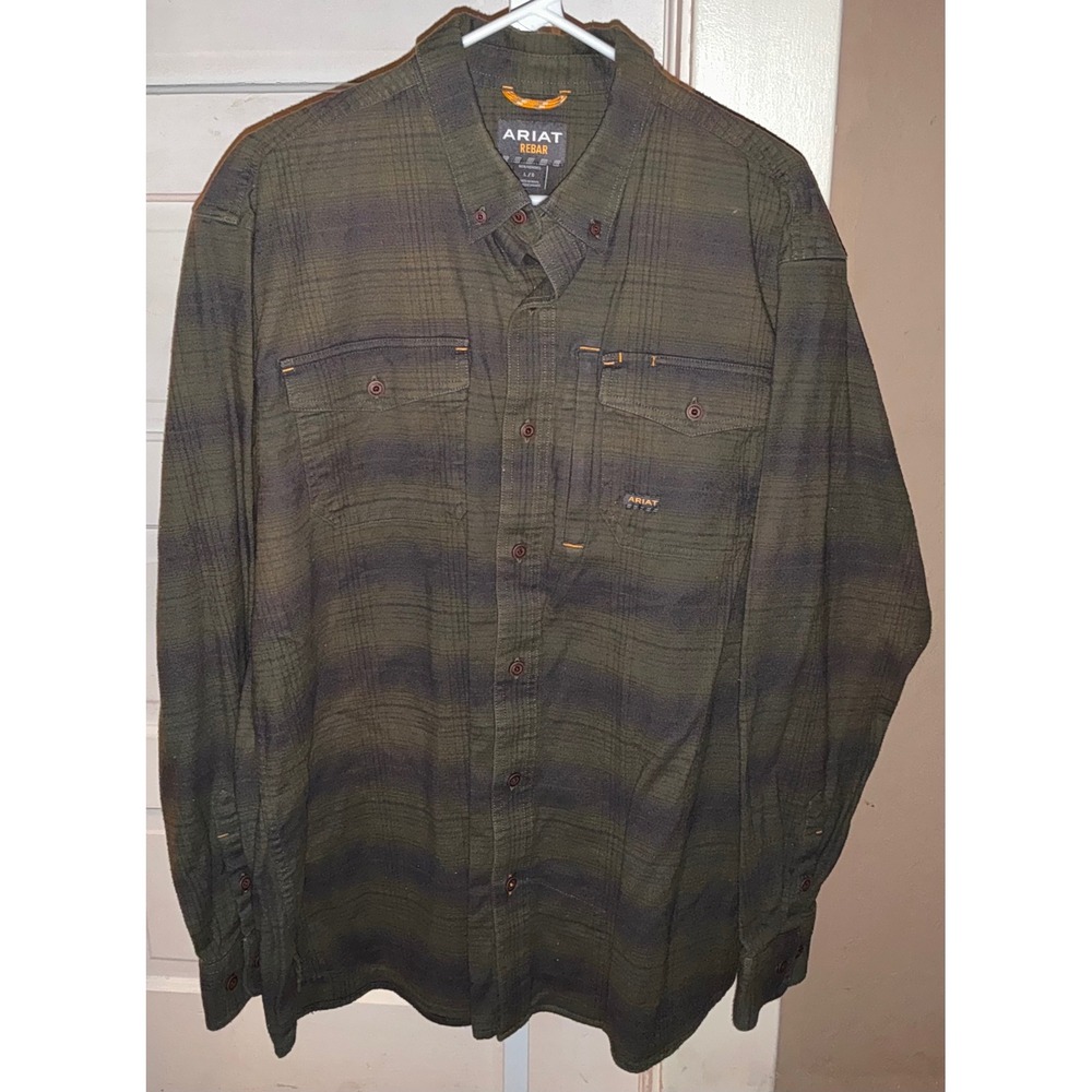 Ariat‎ Rebar DuraStretch Mens Green Plaid Long Sleeve Work Shirt Large 10062530